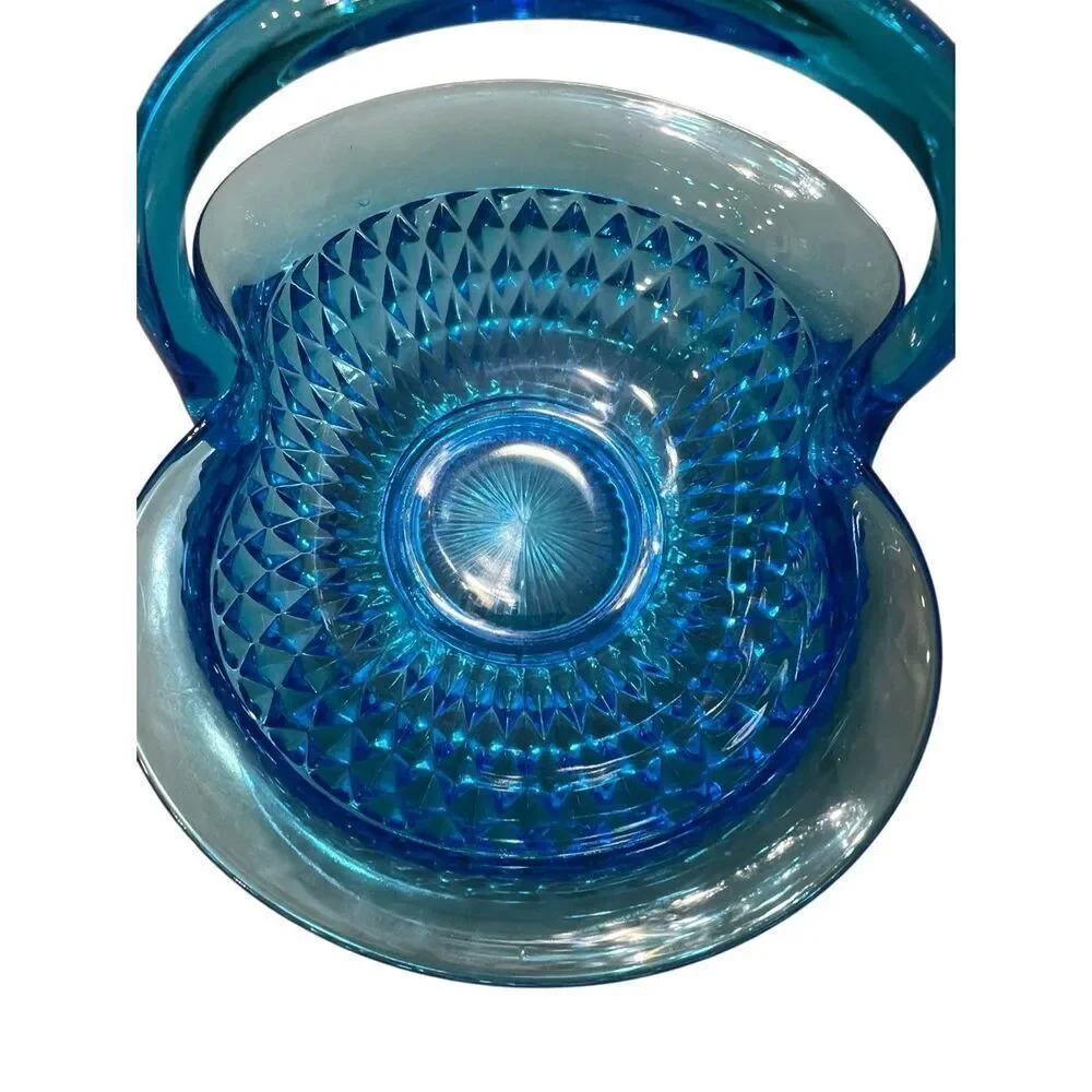 Vintage Indiana Glass Tiara Diamond Point Pattern Flower Basket Blue Large
